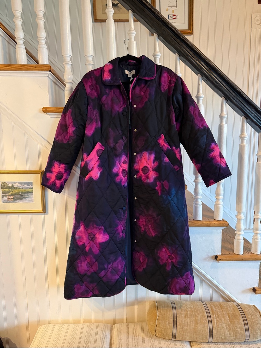 Quilted Floral Long Robe Coat — Black with Purple/Pink Floral